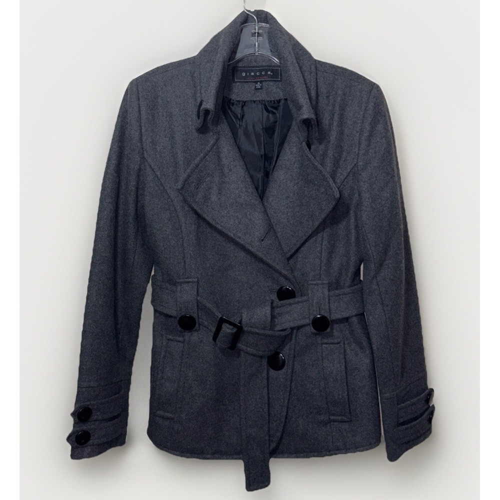 Giacca Belted Double Breasted Peacoat SzM Wool Pockets Blend Dark Gray Academia